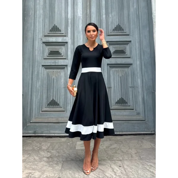 Kadın Truvakarkol Yakası Açık Blok Renkli Krep Midi Elbise