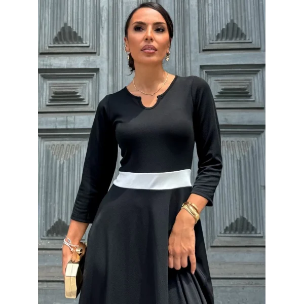 Kadın Truvakarkol Yakası Açık Blok Renkli Krep Midi Elbise