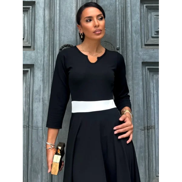 Kadın Truvakarkol Yakası Açık Blok Renkli Krep Midi Elbise