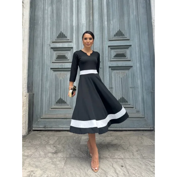 Kadın Truvakarkol Yakası Açık Blok Renkli Krep Midi Elbise