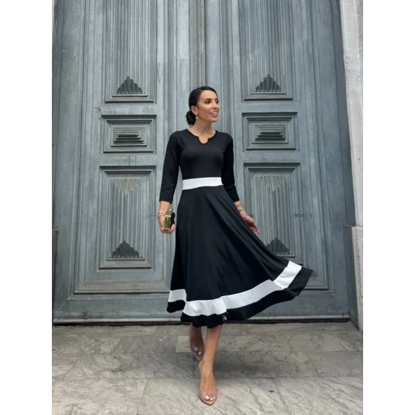 Kadın Truvakarkol Yakası Açık Blok Renkli Krep Midi Elbise