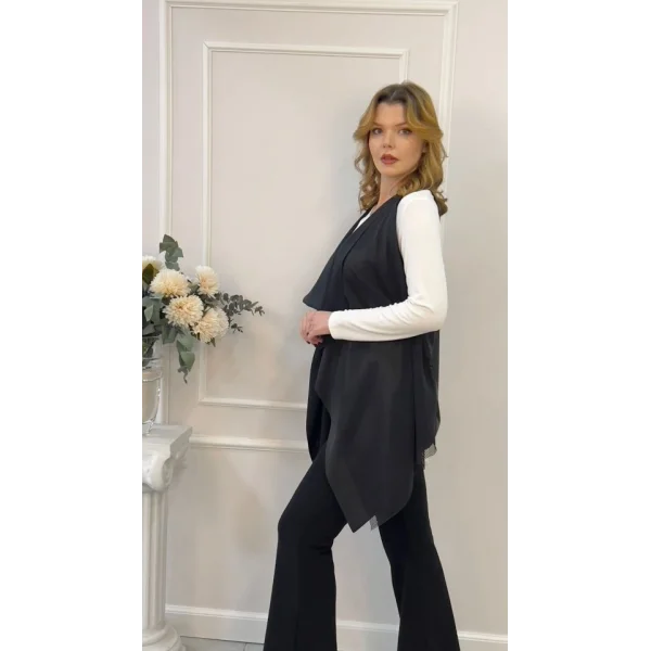 Kadın Tül Detay Asimetrik Kesim Deri Yelek