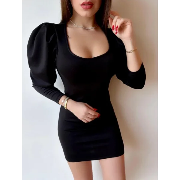 Kadın U Yaka Balon Omuz Ve Fakir Kol Detay Mini Elbise