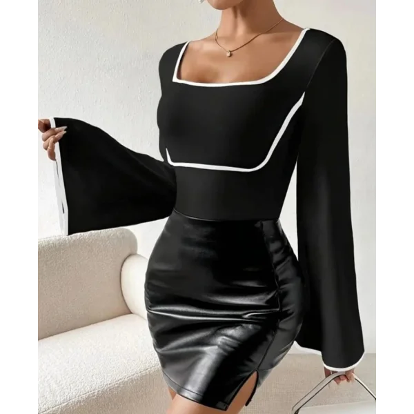 Kadın U Yaka Beyaz şerıt Detaylı Yarasa Kol Dalgıç Kumaş Arabiyeli Bluz