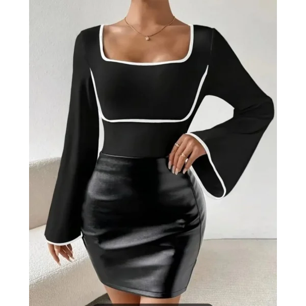 Kadın U Yaka Beyaz şerıt Detaylı Yarasa Kol Dalgıç Kumaş Arabiyeli Bluz