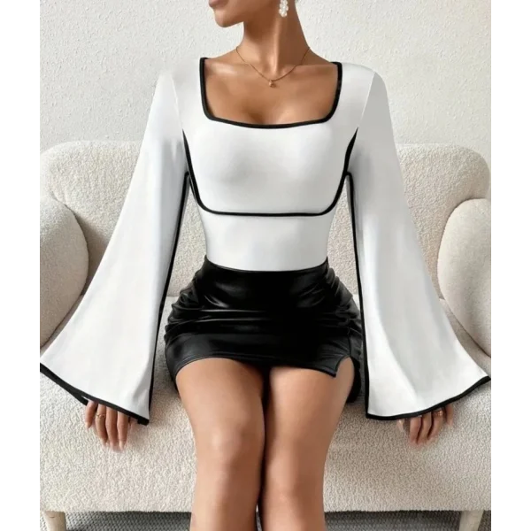 Kadın U Yaka Siyah şerit Detyalı Yarasa Kol Dalgıç Kumaş Arabiyeli Bluz