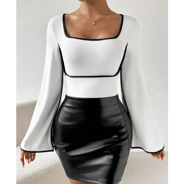 Kadın U Yaka Siyah şerit Detyalı Yarasa Kol Dalgıç Kumaş Arabiyeli Bluz