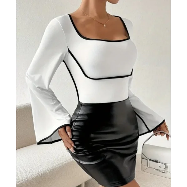 Kadın U Yaka Siyah şerit Detyalı Yarasa Kol Dalgıç Kumaş Arabiyeli Bluz