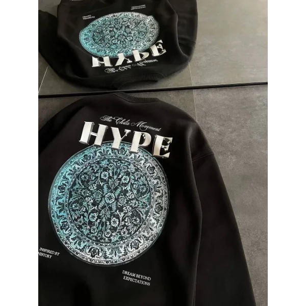 Kadın Üç İplik Bisiklet Yaka Baskılı SweatShirt - Siyah