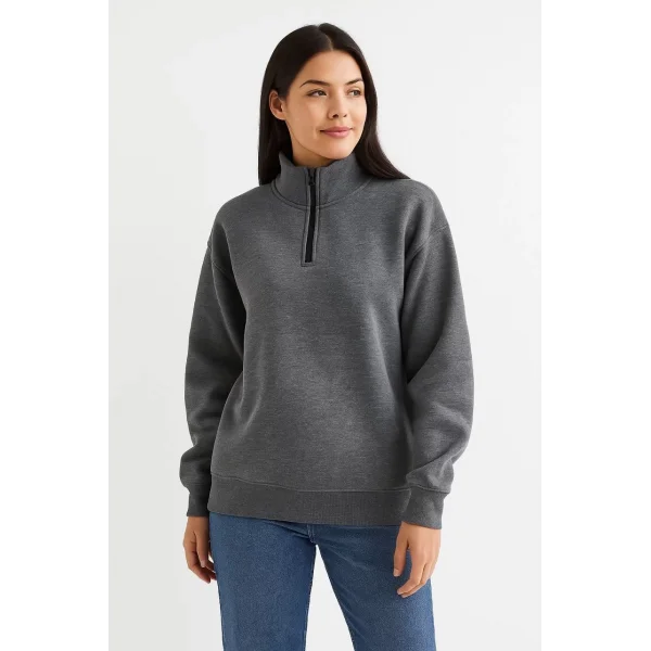 Kadın Üç İplik Dık Yaka Yarım Fermuarlı SweatShirt - Antrasit