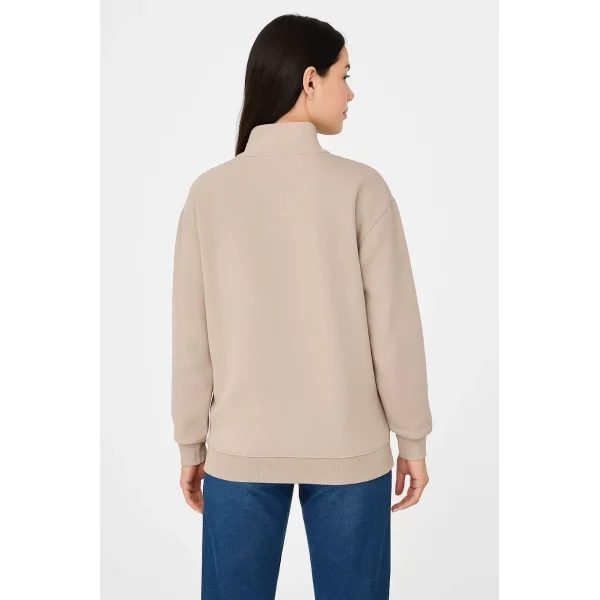 Kadın Üç İplik Dık Yaka Yarım Fermuarlı SweatShirt - Bej