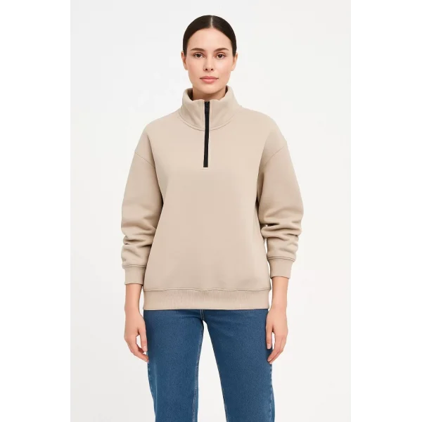 Kadın Üç İplik Dık Yaka Yarım Fermuarlı SweatShirt - Bej