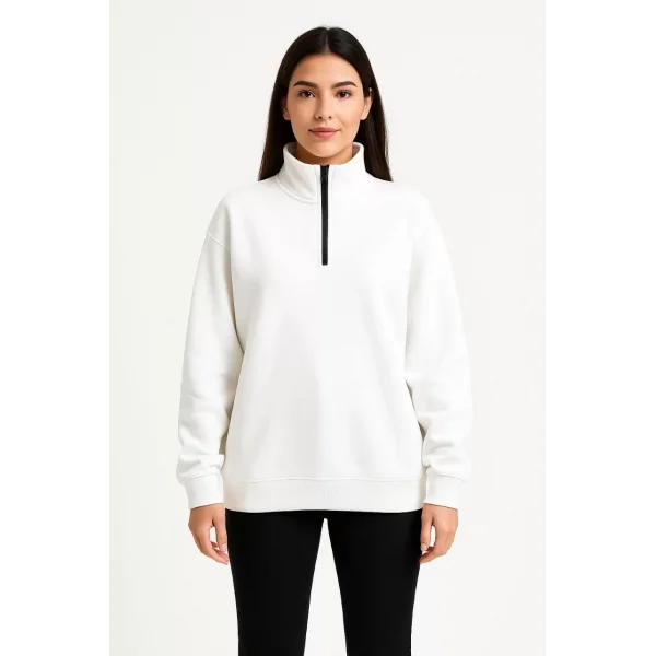 Kadın Üç İplik Dık Yaka Yarım Fermuarlı SweatShirt - Beyaz