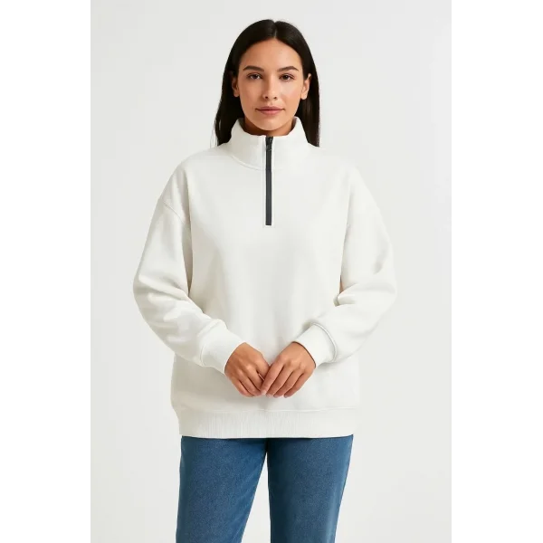 Kadın Üç İplik Dık Yaka Yarım Fermuarlı SweatShirt - Beyaz