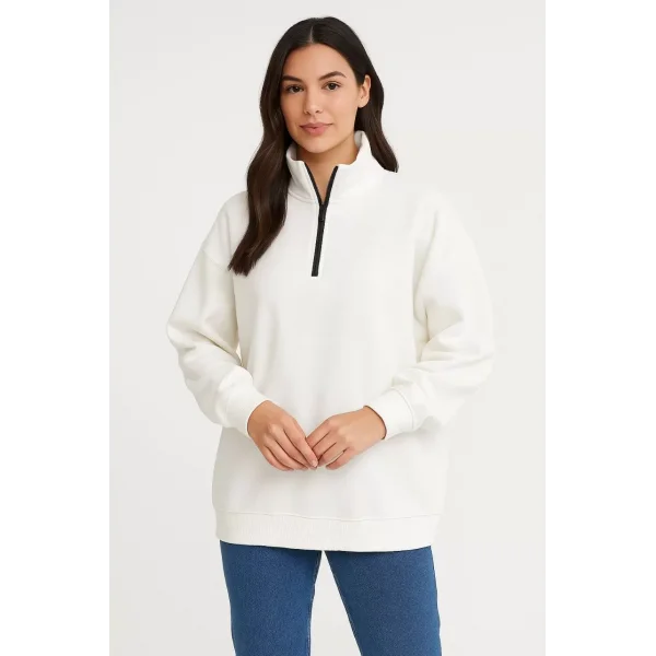 Kadın Üç İplik Dık Yaka Yarım Fermuarlı SweatShirt - Beyaz