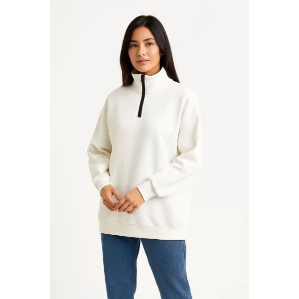 Kadın Üç İplik Dık Yaka Yarım Fermuarlı SweatShirt - Beyaz