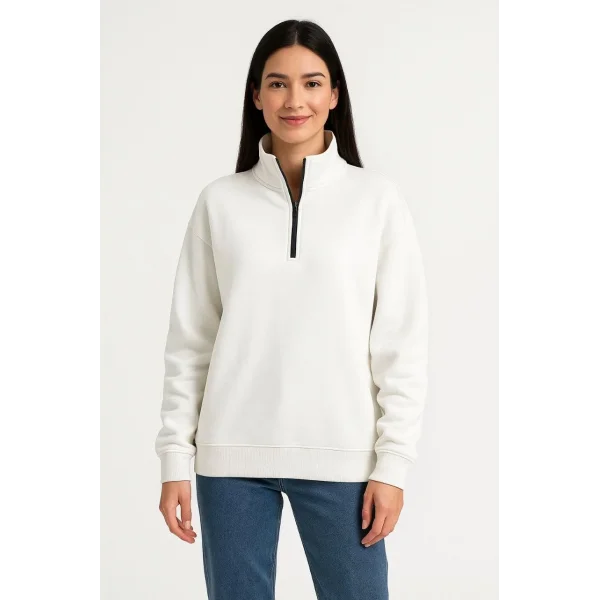 Kadın Üç İplik Dık Yaka Yarım Fermuarlı SweatShirt - Beyaz