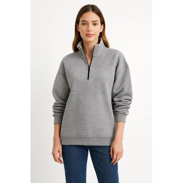 Kadın Üç İplik Dık Yaka Yarım Fermuarlı SweatShirt - Gri