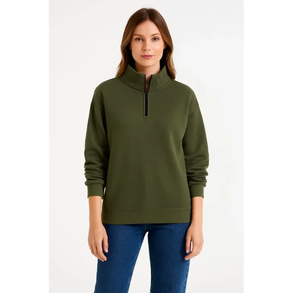 Kadın Üç İplik Dık Yaka Yarım Fermuarlı SweatShirt - Haki