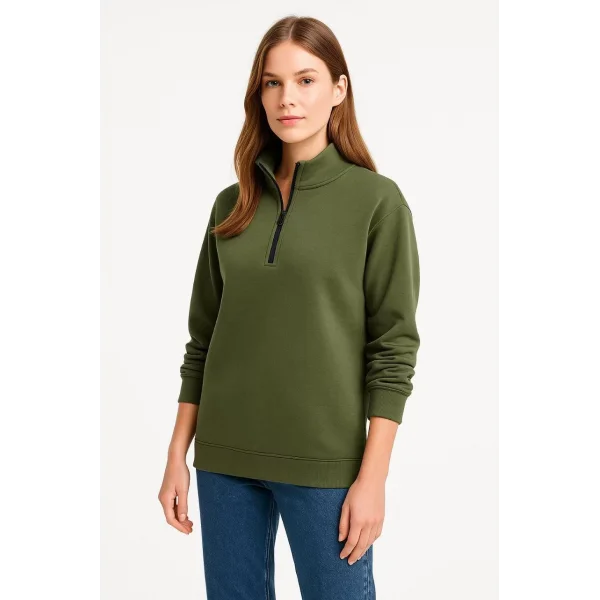 Kadın Üç İplik Dık Yaka Yarım Fermuarlı SweatShirt - Haki