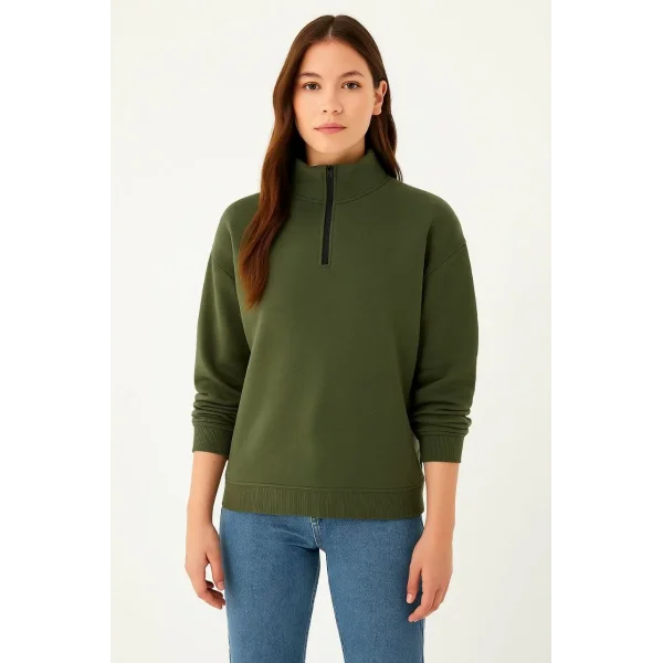 Kadın Üç İplik Dık Yaka Yarım Fermuarlı SweatShirt - Haki