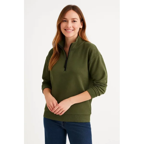 Kadın Üç İplik Dık Yaka Yarım Fermuarlı SweatShirt - Haki
