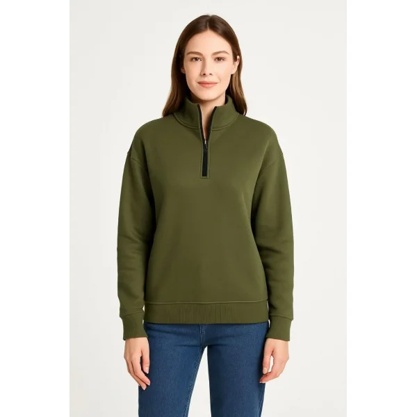 Kadın Üç İplik Dık Yaka Yarım Fermuarlı SweatShirt - Haki