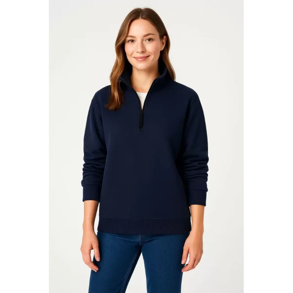 Kadın Üç İplik Dık Yaka Yarım Fermuarlı SweatShirt - Lacivert