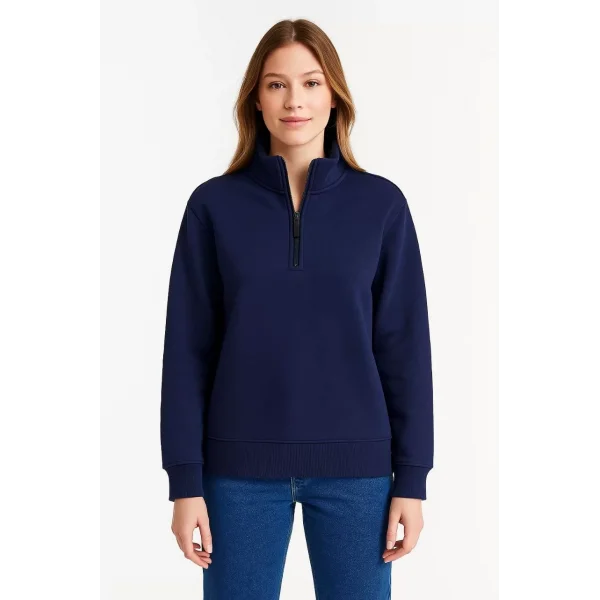 Kadın Üç İplik Dık Yaka Yarım Fermuarlı SweatShirt - Lacivert