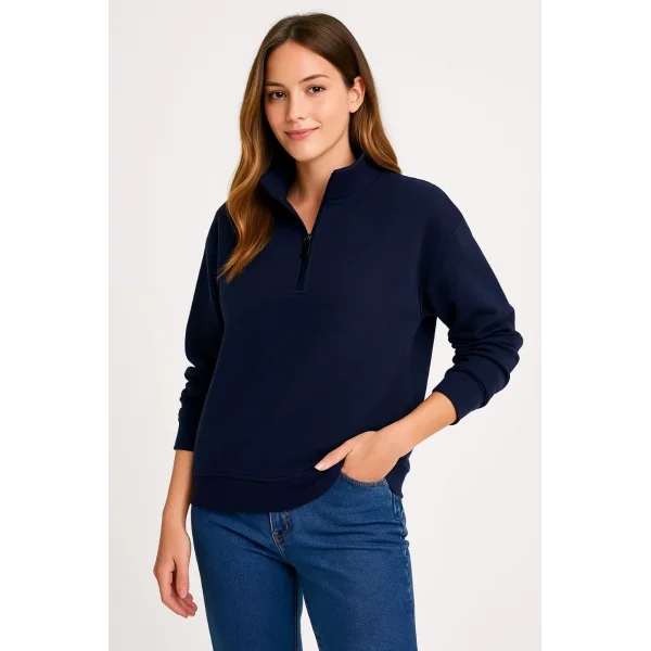 Kadın Üç İplik Dık Yaka Yarım Fermuarlı SweatShirt - Lacivert