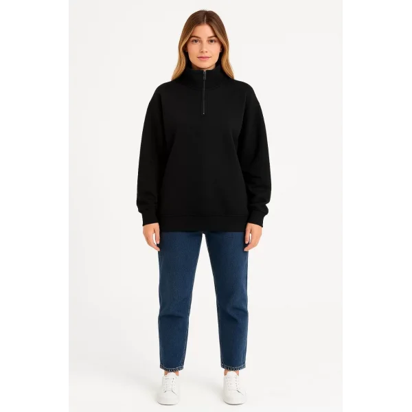 Kadın Üç İplik Dık Yaka Yarım Fermuarlı SweatShirt - Siyah