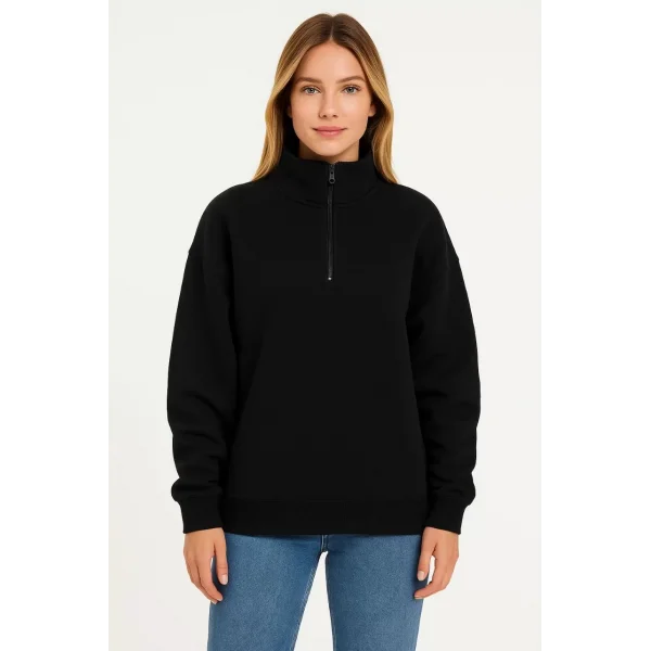 Kadın Üç İplik Dık Yaka Yarım Fermuarlı SweatShirt - Siyah