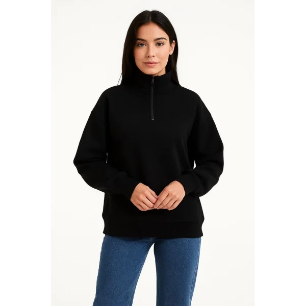 Kadın Üç İplik Dık Yaka Yarım Fermuarlı SweatShirt - Siyah