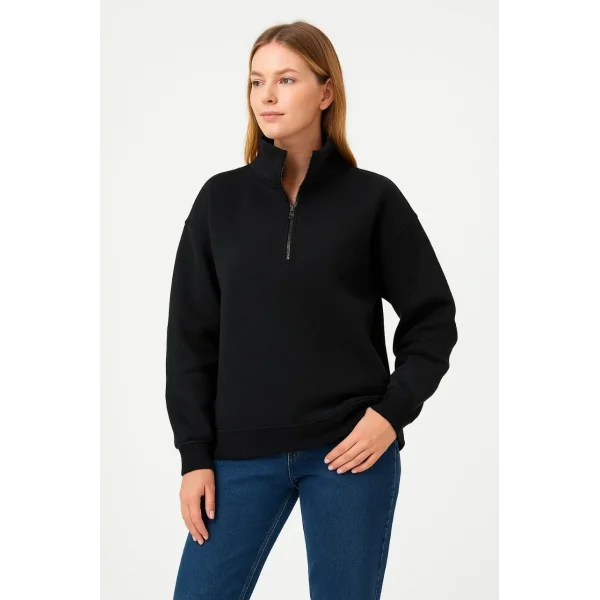 Kadın Üç İplik Dık Yaka Yarım Fermuarlı SweatShirt - Siyah