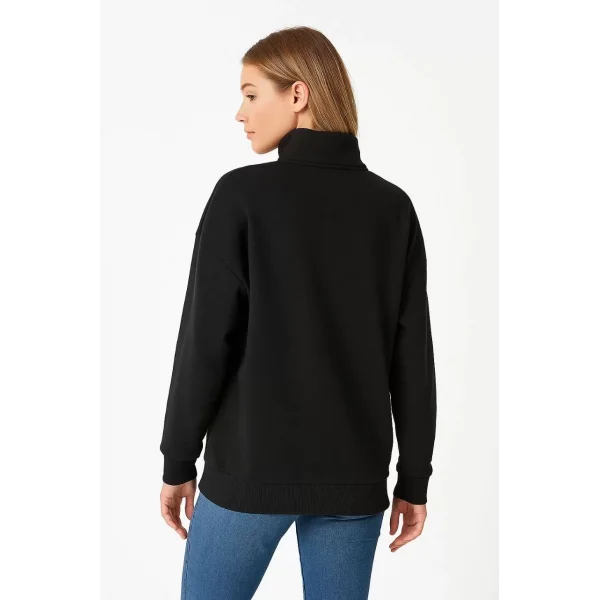 Kadın Üç İplik Dık Yaka Yarım Fermuarlı SweatShirt - Siyah