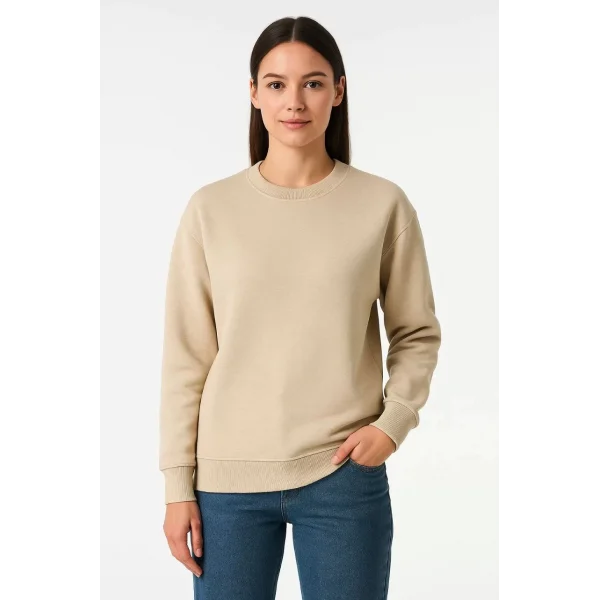 Kadın Üç İplik Düz Bisiklet Yaka SweatShirt - Bej
