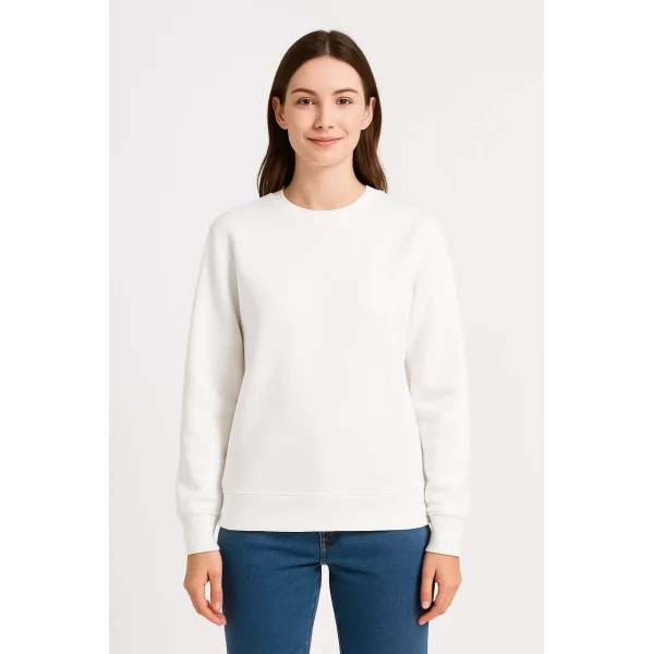 Kadın Üç İplik Düz Bisiklet Yaka SweatShirt - Beyaz