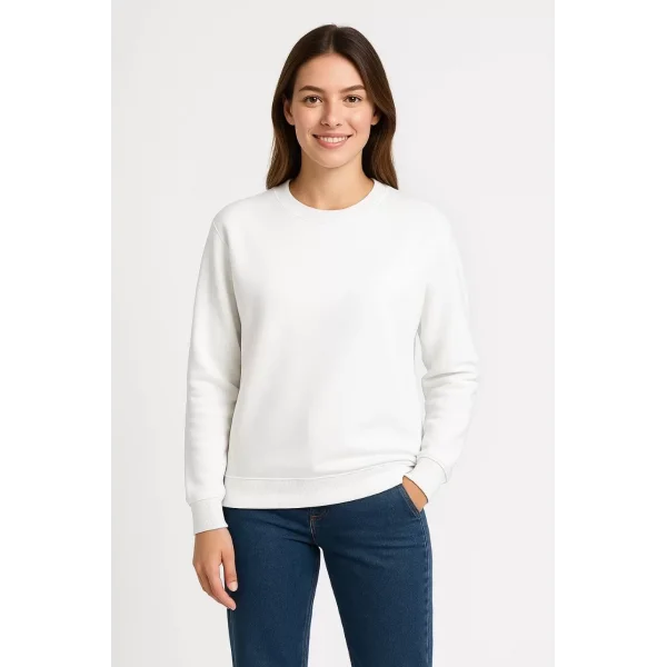 Kadın Üç İplik Düz Bisiklet Yaka SweatShirt - Beyaz