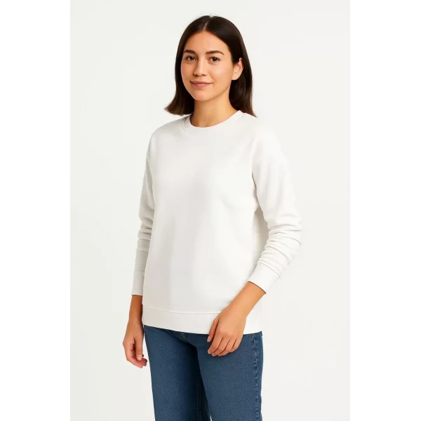 Kadın Üç İplik Düz Bisiklet Yaka SweatShirt - Beyaz