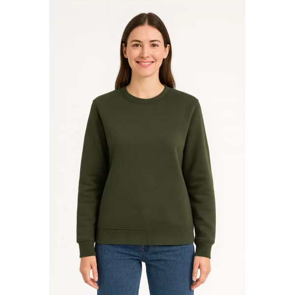 Kadın Üç İplik Düz Bisiklet Yaka SweatShirt - Haki