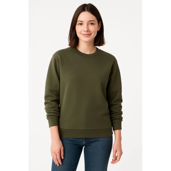 Kadın Üç İplik Düz Bisiklet Yaka SweatShirt - Haki