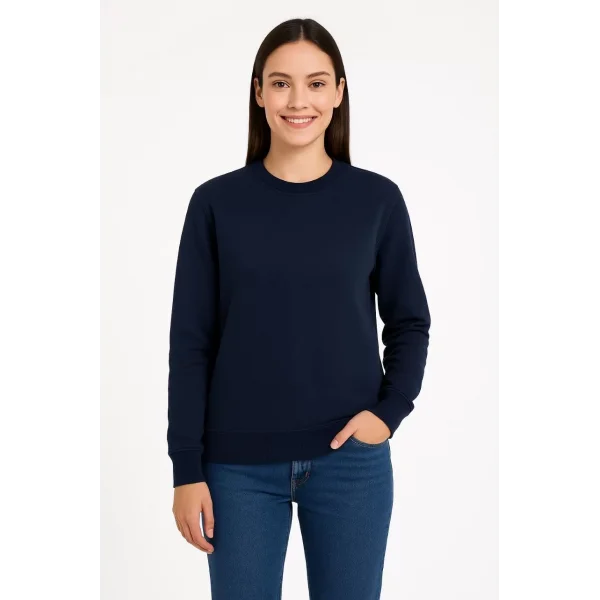 Kadın Üç İplik Düz Bisiklet Yaka SweatShirt - Lacivert