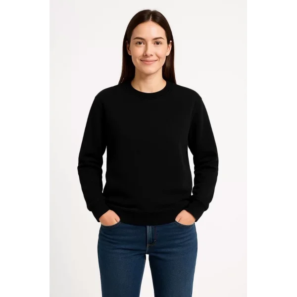 Kadın Üç İplik Düz Bisiklet Yaka SweatShirt - Siyah