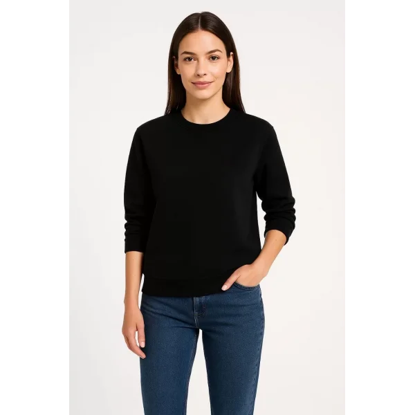 Kadın Üç İplik Düz Bisiklet Yaka SweatShirt - Siyah