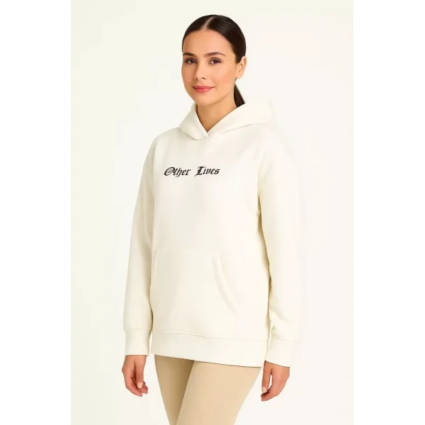 Kadın Kapşonlu Sweatshirt – Oversize Üç İplik Şardonlu Hoodie, “Other Lives” Ön & Arka Baskılı, Kanguru Cepli, Kışlık Rahat Günlük Stil - Beyaz