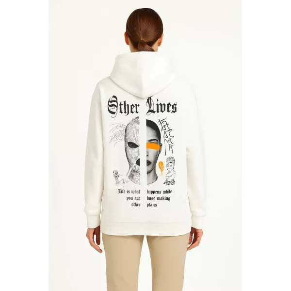 Kadın Kapşonlu Sweatshirt – Oversize Üç İplik Şardonlu Hoodie, “Other Lives” Ön & Arka Baskılı, Kanguru Cepli, Kışlık Rahat Günlük Stil - Beyaz