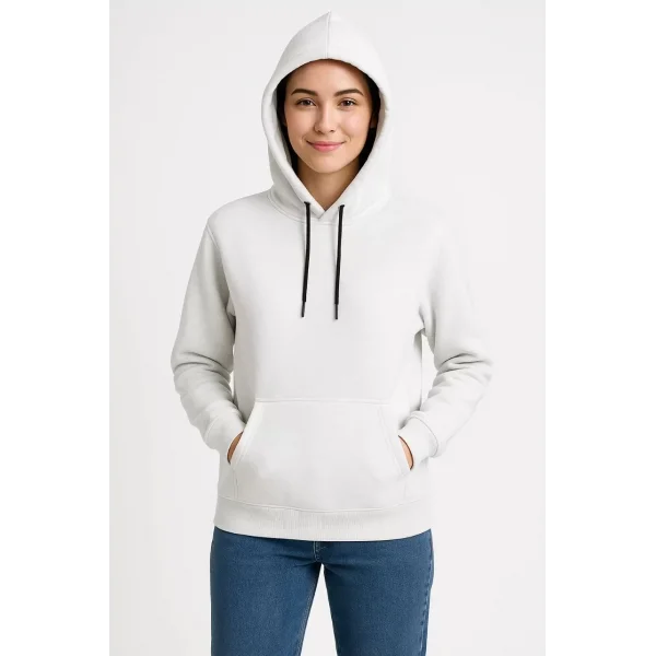Kadın Üç İplik Kapüşonlu Kanguru Çepli SweatShirt hoodie - Beyaz