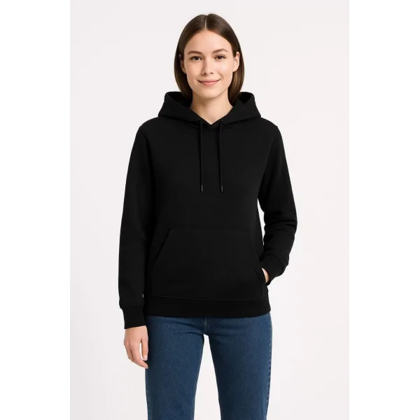 Kadın Üç İplik Kapüşonlu Kanguru Cepli Sweatshirt hoodie - Siyah