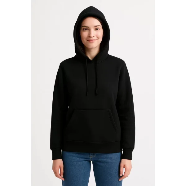 Kadın Üç İplik Kapüşonlu Kanguru Cepli Sweatshirt hoodie - Siyah