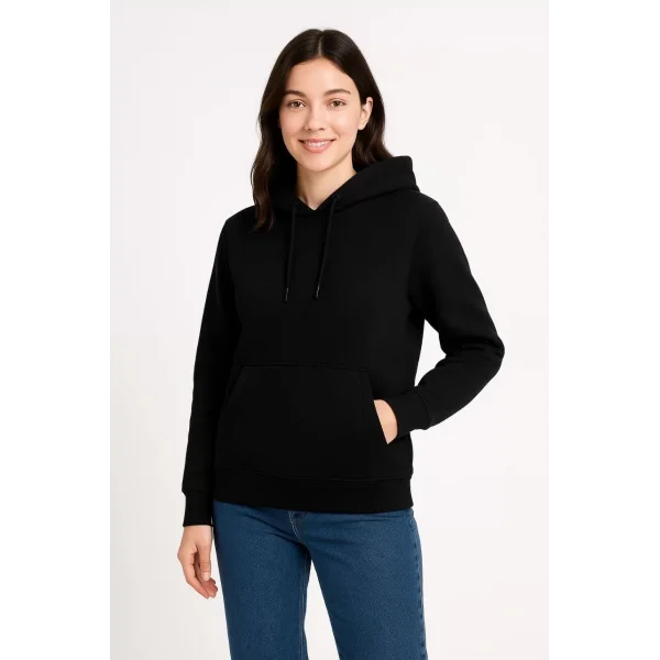 Kadın Üç İplik Kapüşonlu Kanguru Cepli Sweatshirt hoodie - Siyah